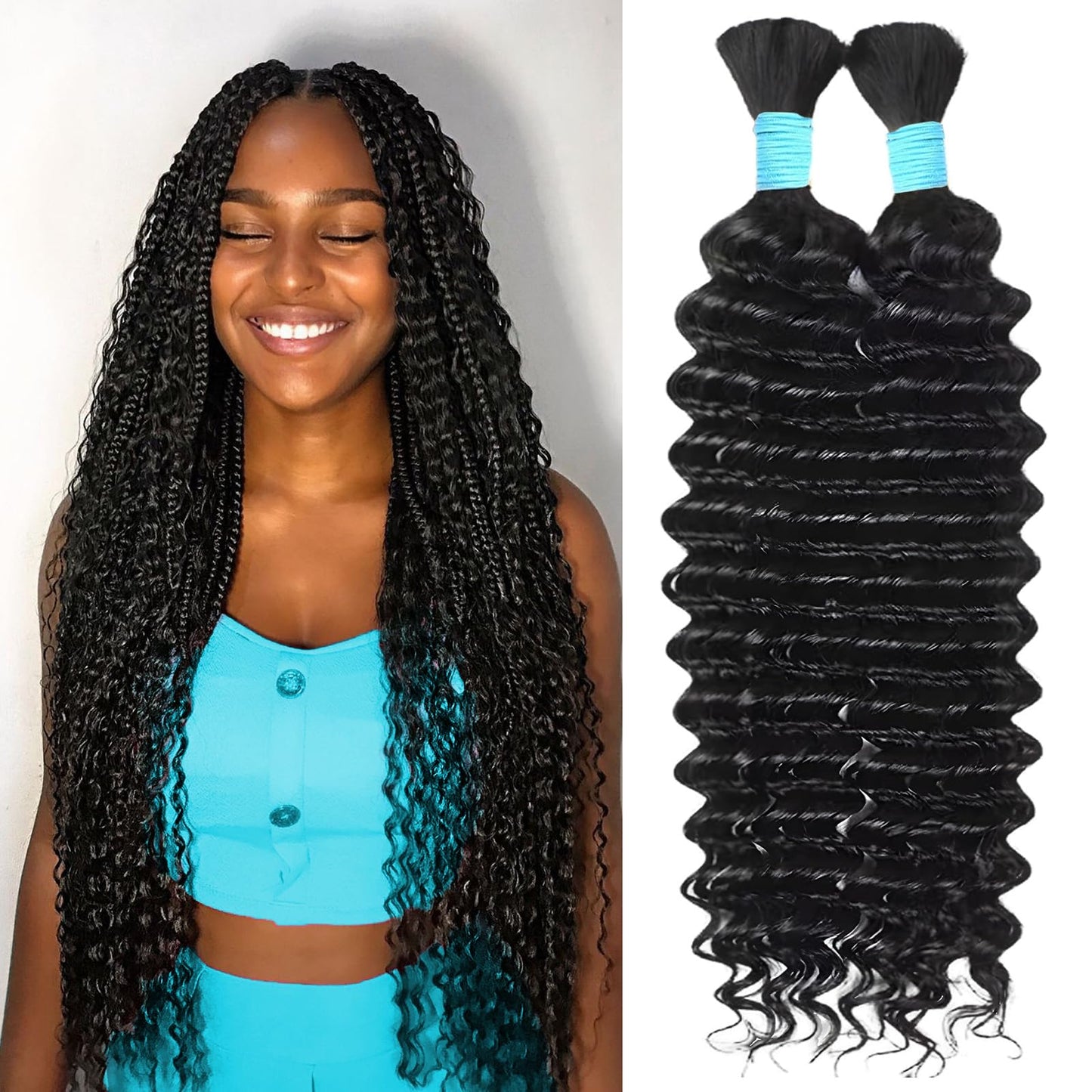 Boho Human Braiding Hair 14 Inch for Knotless Braids - 2 Bundles 100g Deep Wave Bulk Curly Hair (Natural Color)