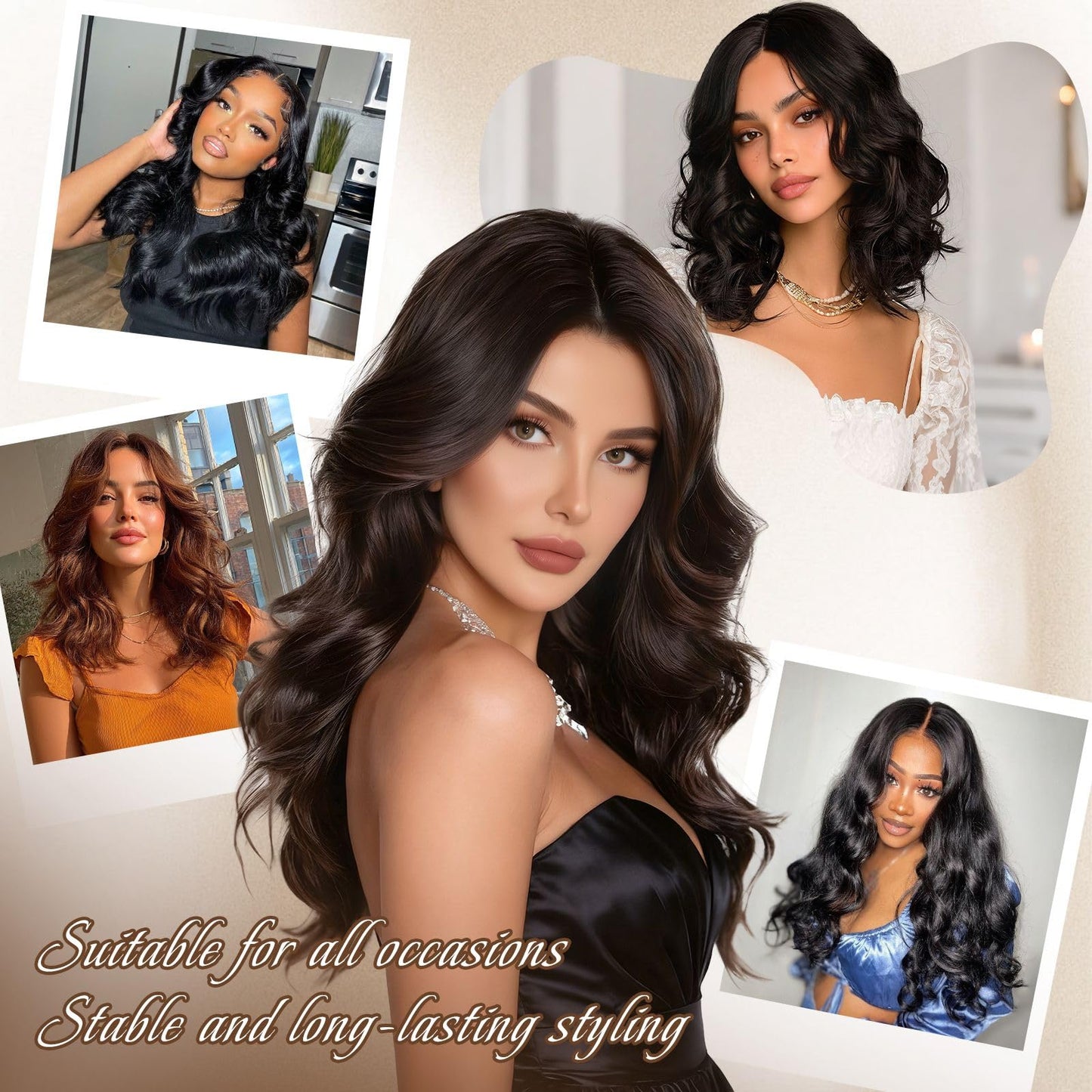 Sidaila Wigs for Women，Synthetic Lace Hairline Heat Resistant Body Wave Wig，14 Inch Shoulder Length Bob Style Wig Layered Natural Curly Hair Wigs for Women for Daily Party Use - 1B# Black