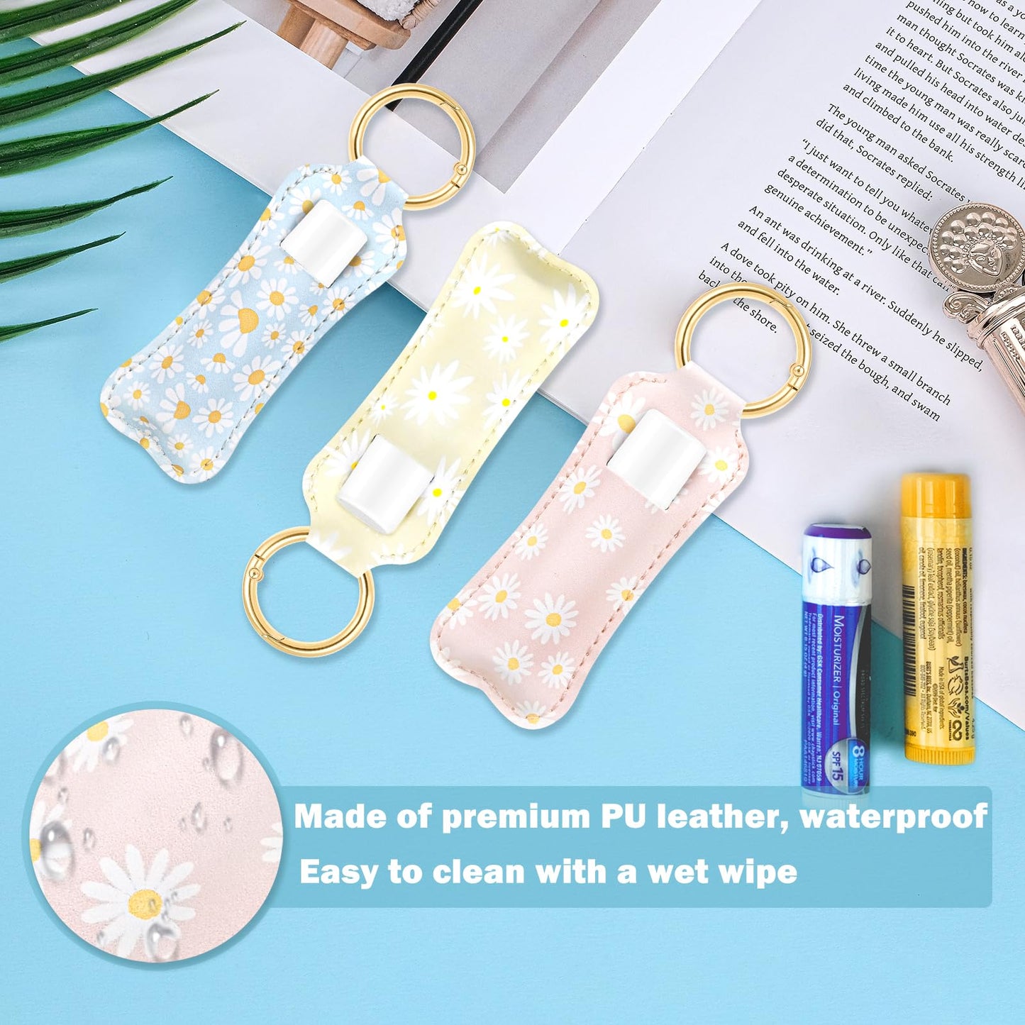 WK IEASON Lip Balm Holder Keychain Clip On PU Leather Lipstick Sleeve Pouch Lip Gloss Holder Lip Balm Sleeve Holder Keychain 3PCS（Floral Set B）