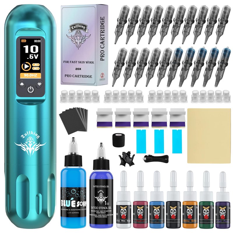 Tuffking Tattoo Machine Kit Rotary Wireless Tattoo Gun Kit with 20pcs Extra Smooth Cartridge Needles Practice Skin Tattoo Supplies for Beginners & Professional Artists