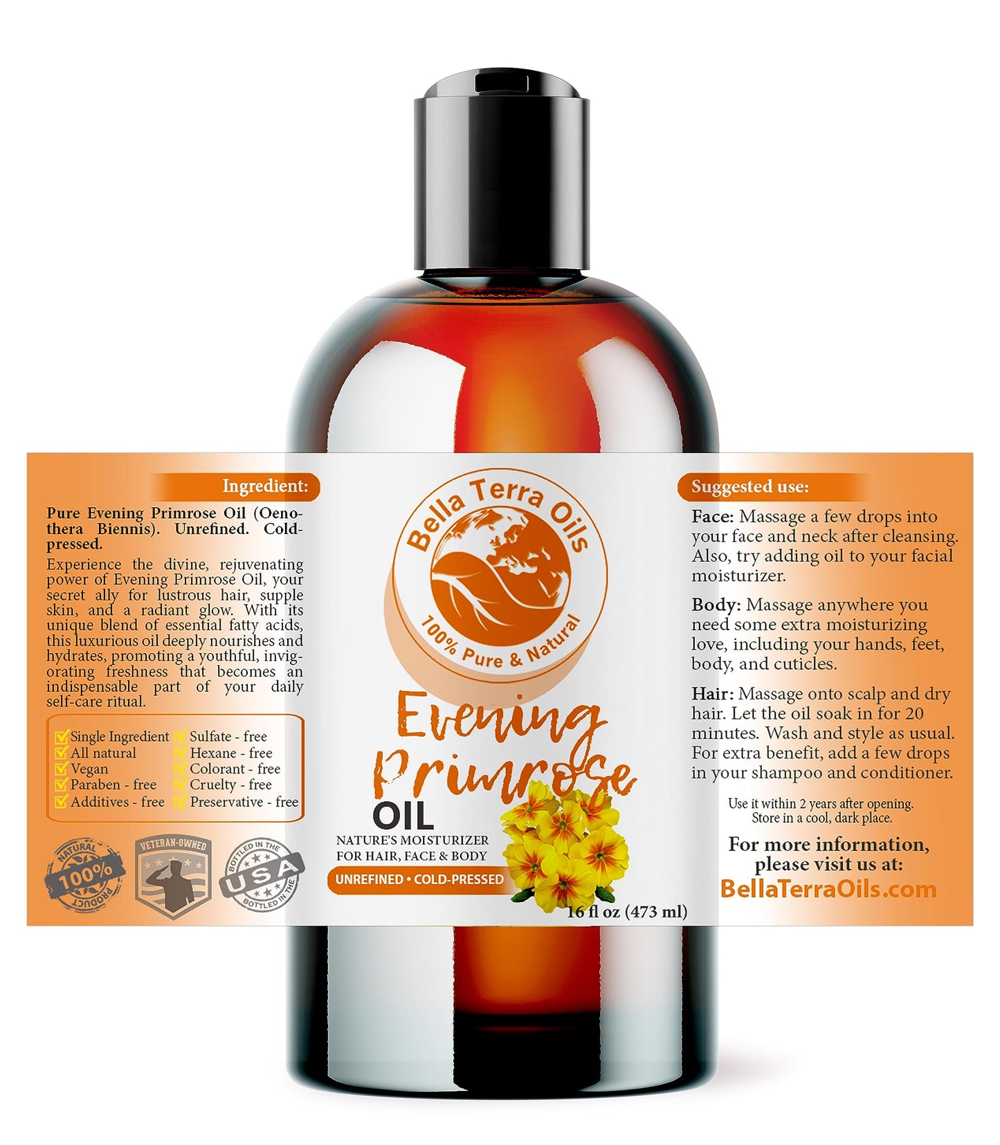 Bella Terra Oils - Organic Evening Primrose Oil 16oz - Discover the Cold-Pressed Excellence of Primrose, Loaded with Essential Nutrients & Omega-6, Distinct Elixir for Luminous Skin