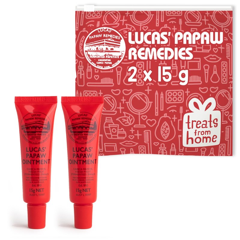 Treats from Home, Lucas Pawpaw Lip Ointment, Cream, Ointment for Lips & Dry Skin - Unique All Skin Types, All Gender- Any Season Gift Pack with 2 x 15g Pawpaw Balm