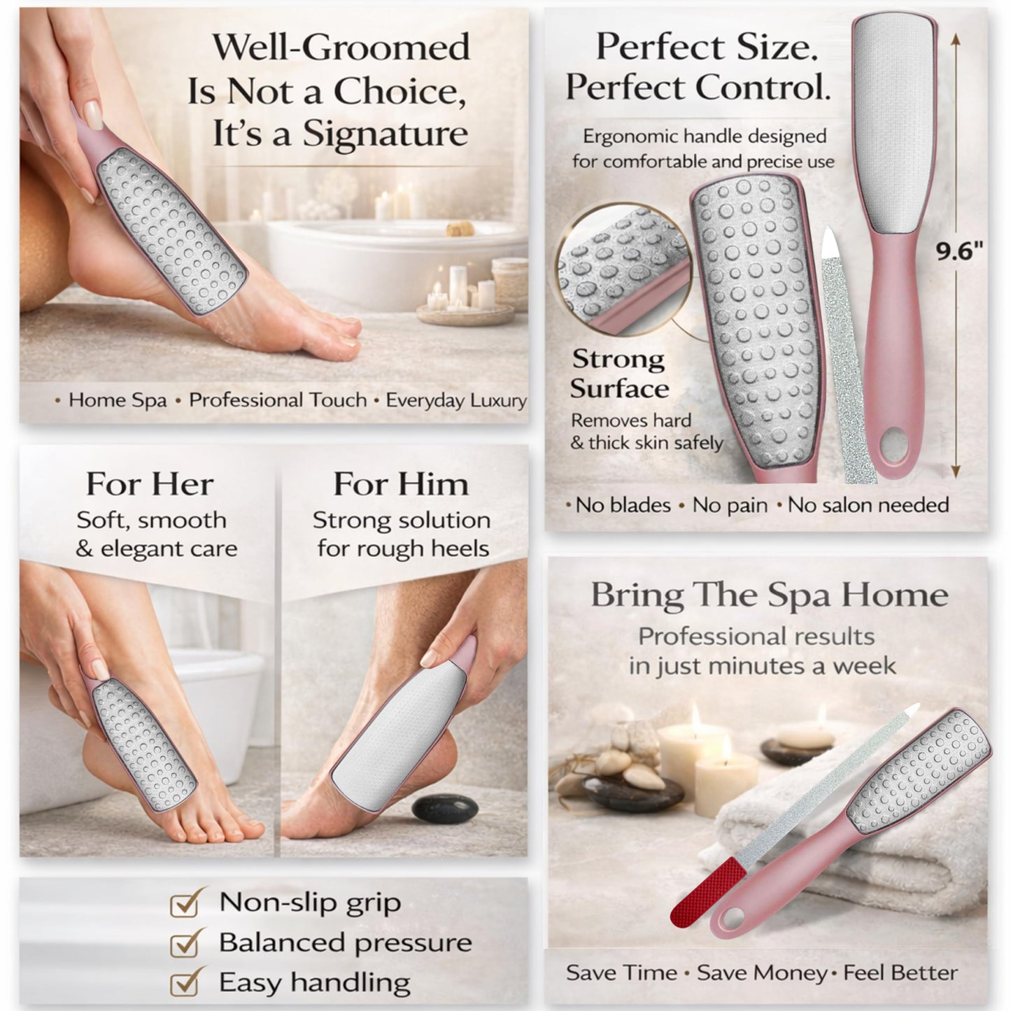 Professional Foot File & Callus Remover 2-in-1 Set – 9.6" Foot Rasp with 6.7" Nail File Included–Elegant Rose Gold–Dual-Sided, Durable & Hygienic Pedicure Tool for Smooth, Soft Feet–Wet & Dry Use