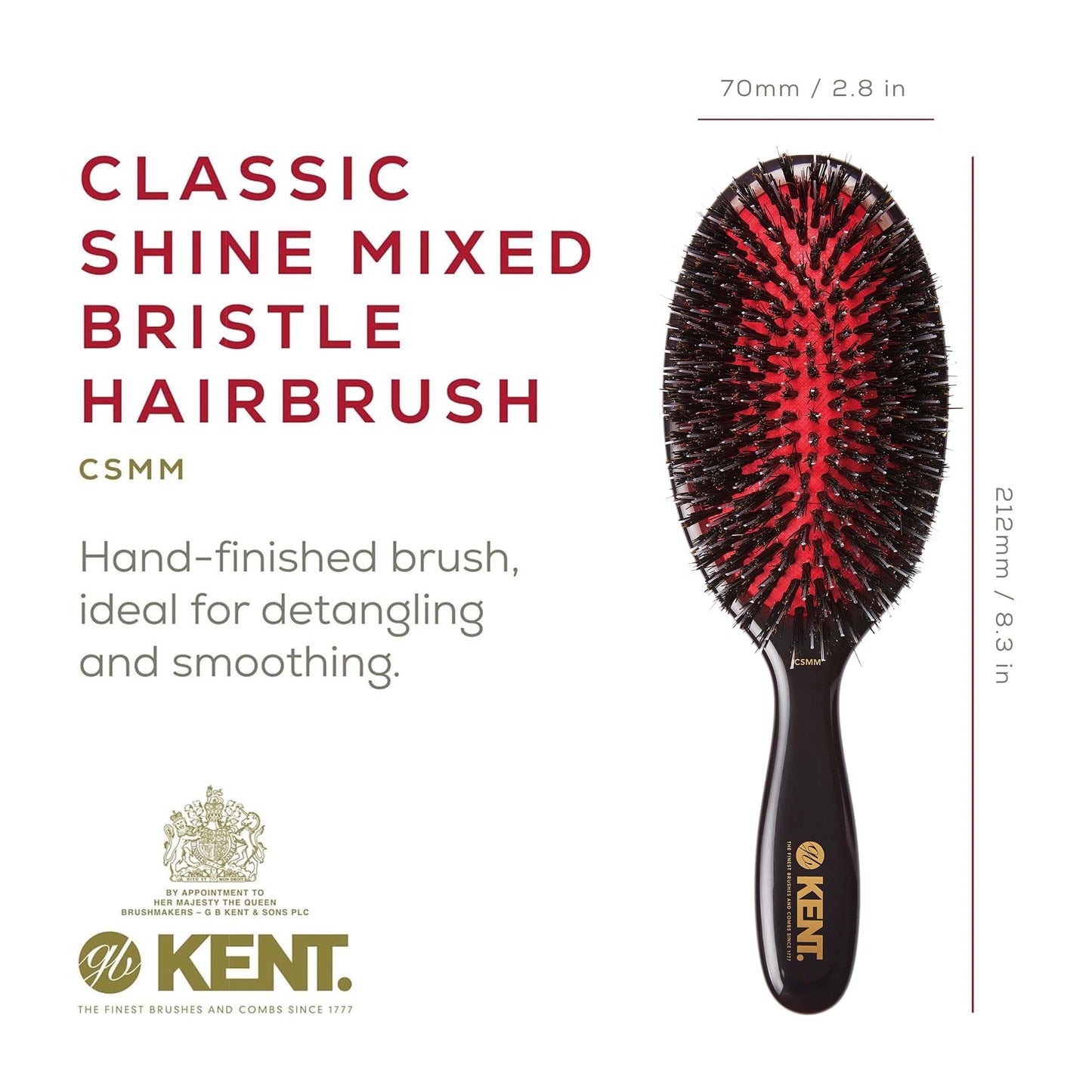 Kent CSMM 7.75" Classic Shine Medium Oval Cushion Straightening Brush - Natural Black Boar Bristle Hair Brush with Nylon Quills - Shine Hair Brush and Scalp Scrubber for Shoulder to Mid Length Hair
