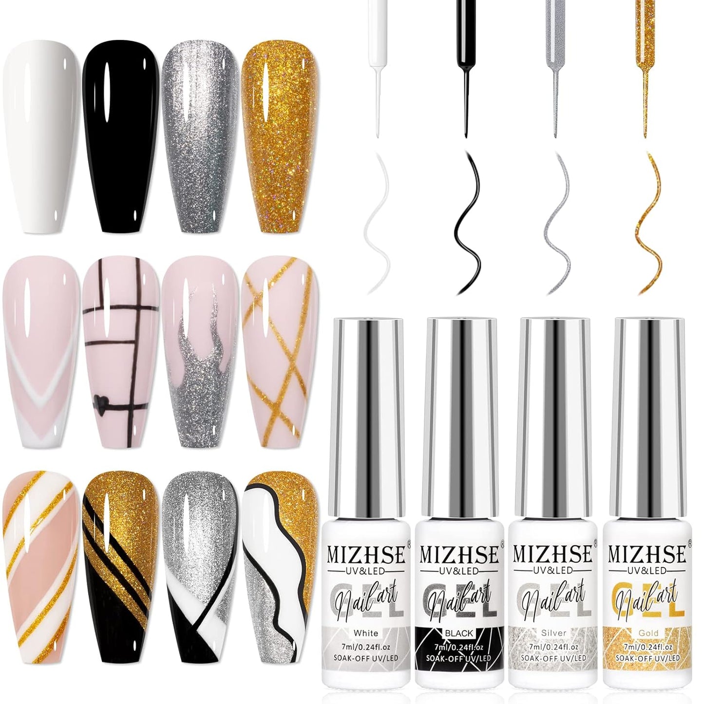 MIZHSE Gel Liner Nail Art Paint Set - 4 Pcs Glitter Silver & Gold for Stunning French Designs | Soak Off Manicure