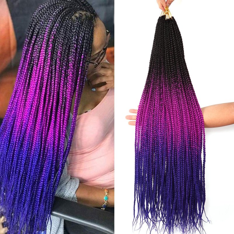 Goddess Box Braids Crochet Hair - 30 Inch Ombre Prelooped Braids for Black Women | 6 Packs 1B/Purple/Blue