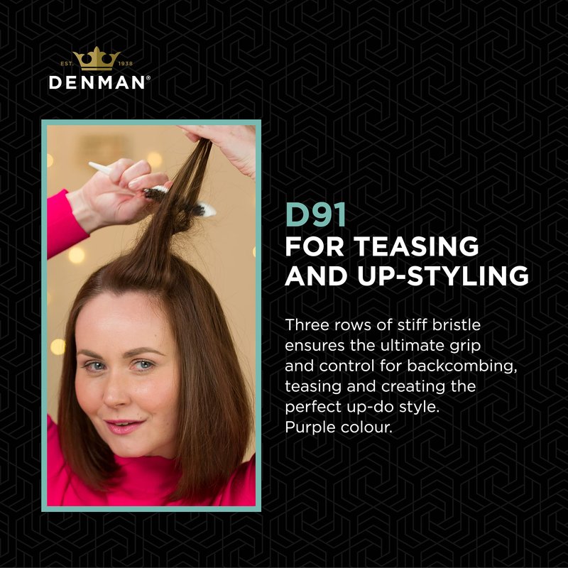 Denman (Purple) Backcomber for Teasing, Smoothing & Up Do - Three Rows of Stiff Bristle - Use on Wigs and Hair Extensions, D91