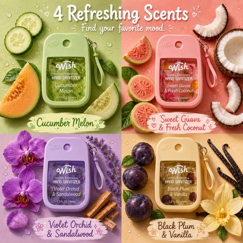 Wish Hand Sanitizer Spray Travel Size - Power Mist Hydrating Hand Sanitizer with Keychain and Case - Cute Portable Pocket Spray for Purse Women Girls Trips Bloom Collection