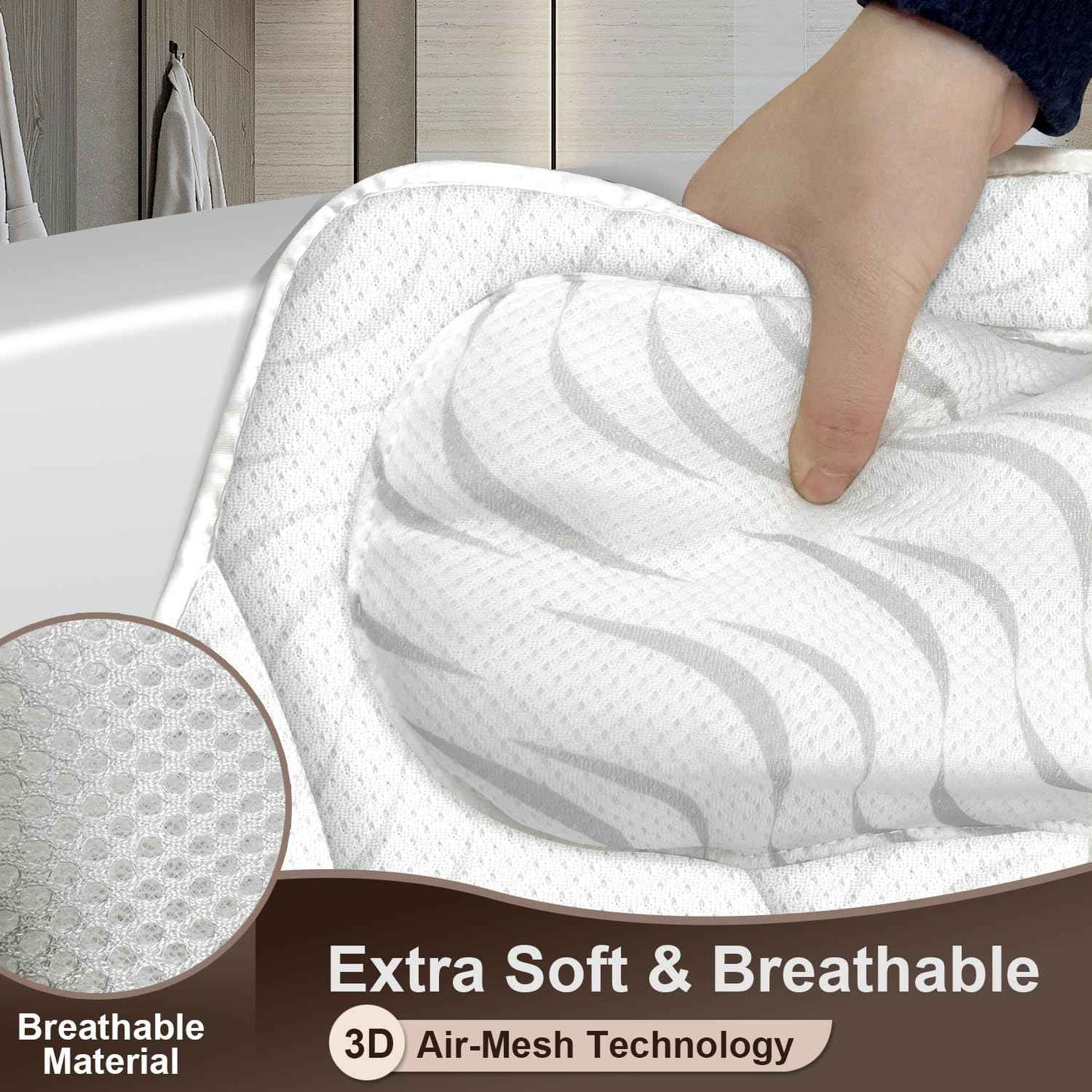 HORIGAY Bath Pillow Luxury Bathtub Pillow - Bath Pillows for Tub Neck and Back Support, Ergonomic Tub Pillow for Bath with 6 Powerful Suction Cups, Fits All Bathtub Portable Bath Accessories - White