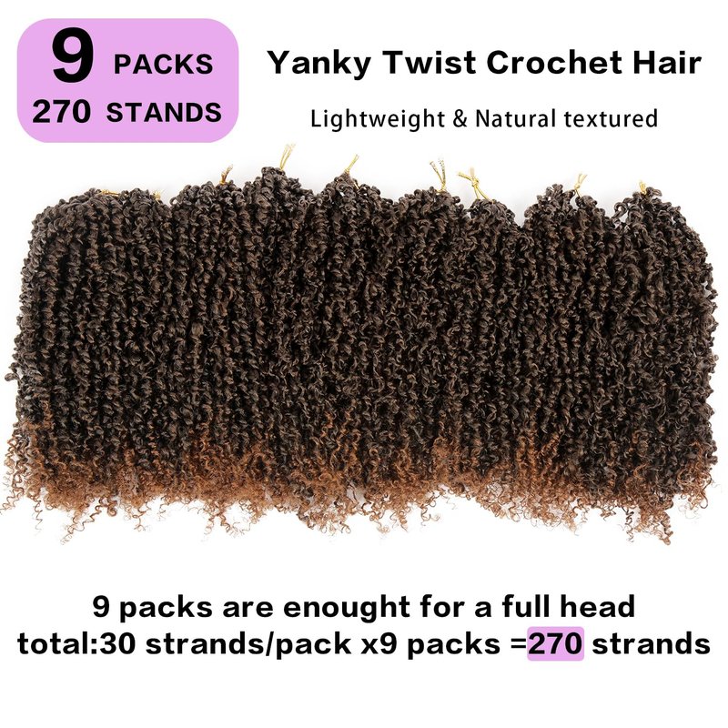 Yanky Twist Crochet Hair 9 Packs (270 Strands) - Pre-looped Crochet Hair, Pre-Twisted, Tangle-Free, Lightweight Crochet Braids Synthetic Hair Extensions for Women (1B, 8 Inch)