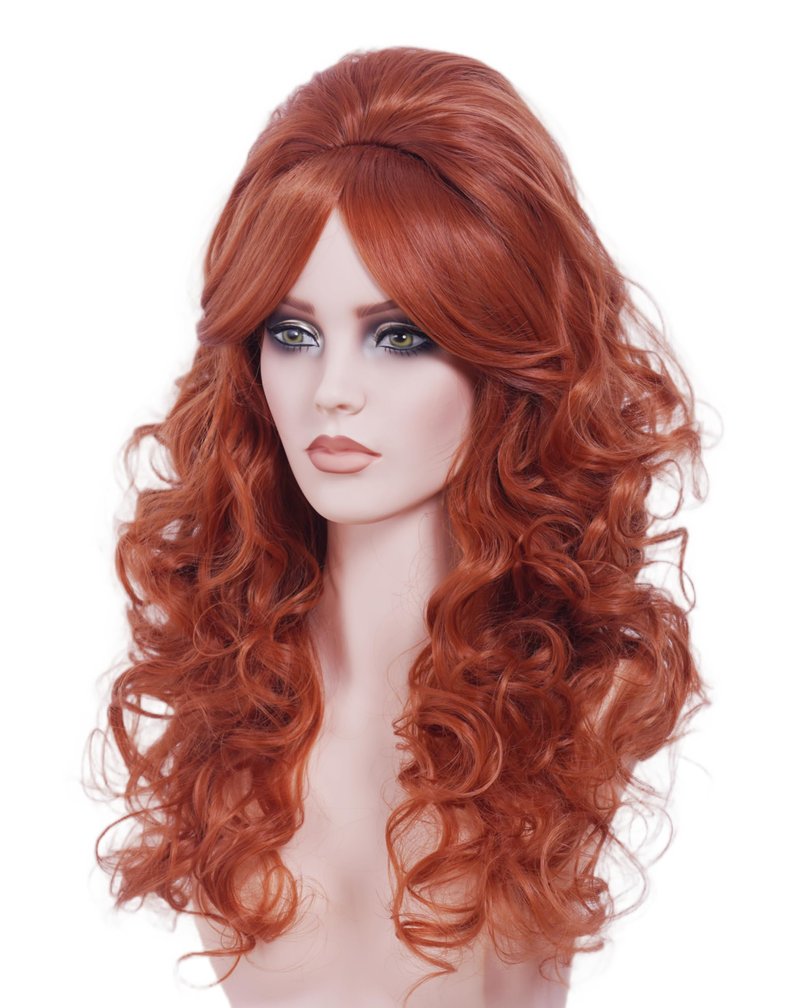 NJJYXH 22 Inches Retro Beehive Ginger Wigs for Women Long Wavy Copper Red Wig with Bangs Synthetic Natural Auburn Wig for 60s 70s 80s Cosplay,Halloween,Daily Use