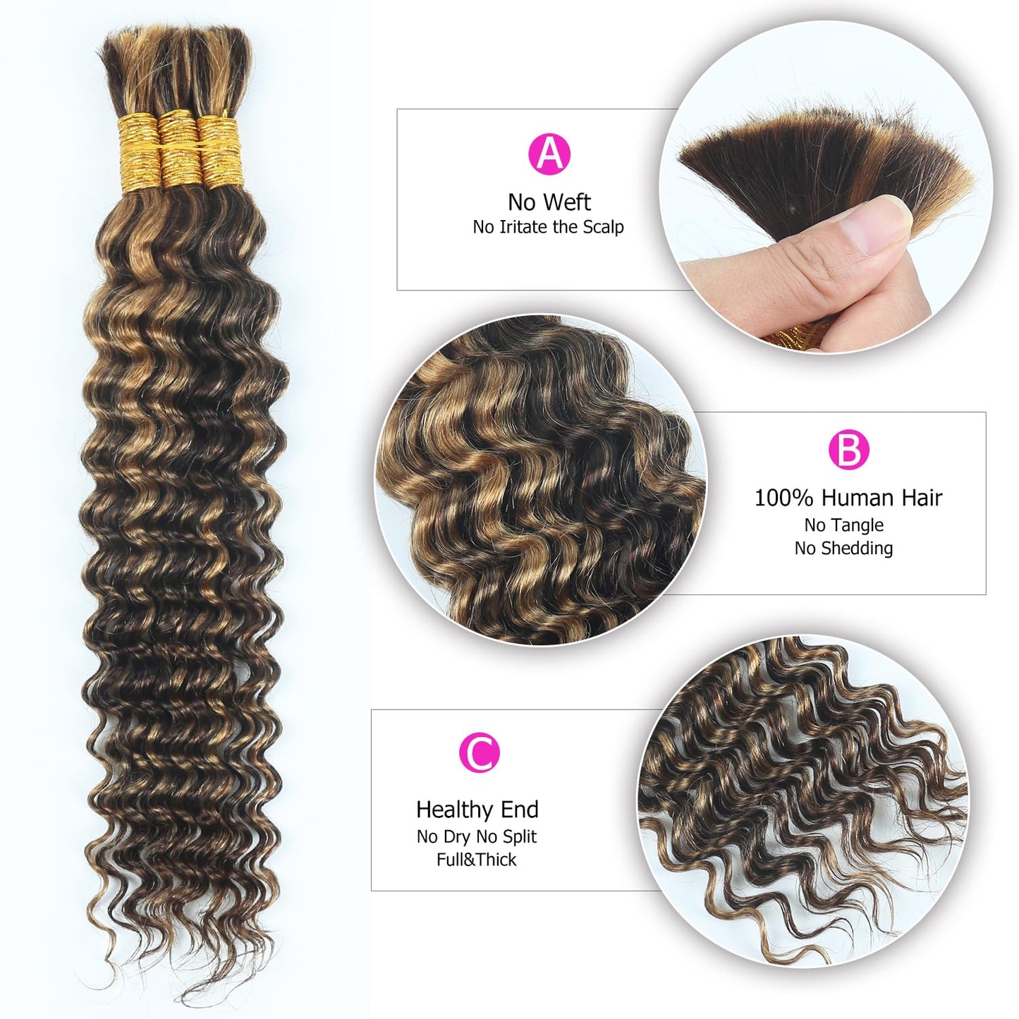 Human Braiding Hair for Boho Braids 110g 18 Inch Highlight Brown Curly Boho Hair for Braiding No Weft Bohemian 3 Bundles Knotless 12A Deep Wave Bulk Wet and Wavy Human Braids Extensions P4/30#
