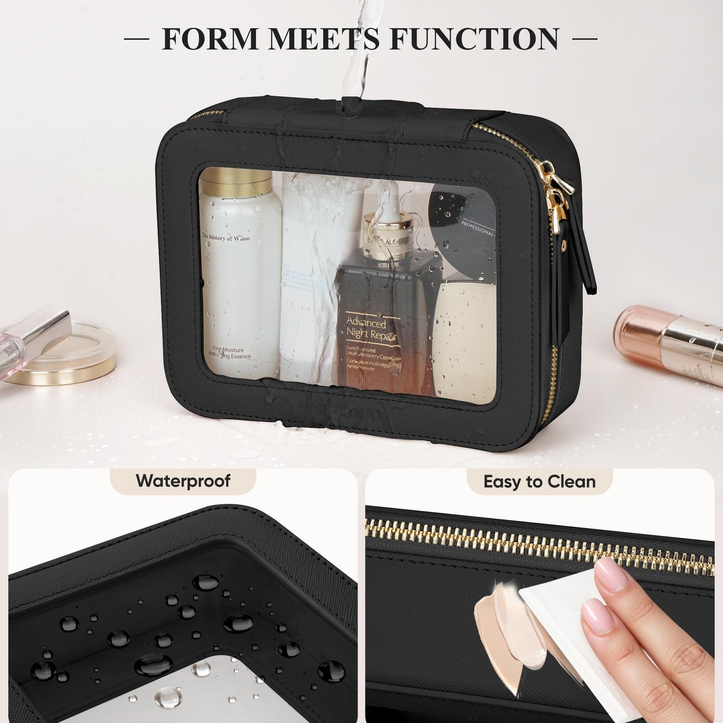 MSTONAL Clear Makeup Bag, Travel Toiletry Bag Cosmetic Case for Women, Waterproof Portable Make Up Skincare Pouch with Zipper, Compact Car Organizer Bag for Essentials, Medium Size, Black