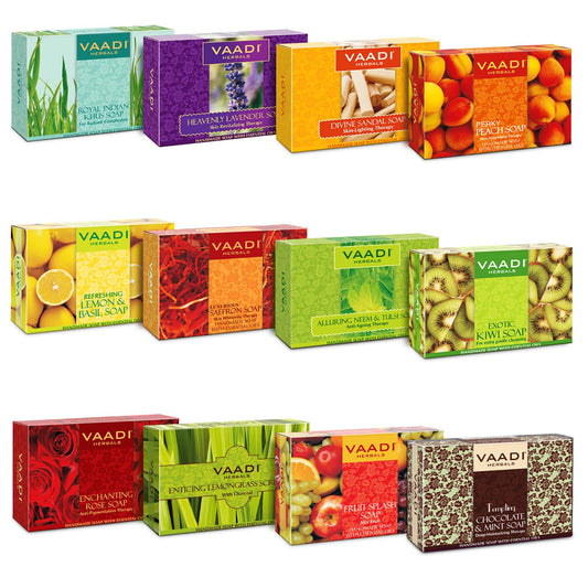 Assorted Pack of 12 Natural Herbal Soaps (Aromatherapy) with Pure Essential Oils - Reduces Wrinkles - For All Skin Type - 12 X 75 gms