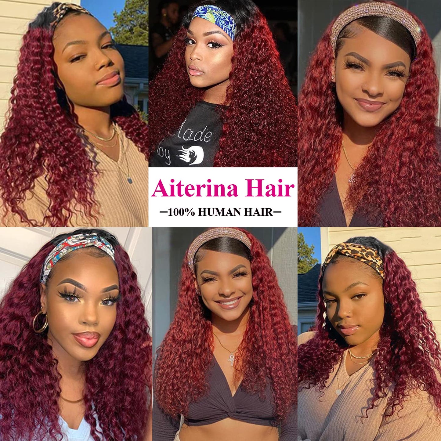 Aiterina Headband Wig deep wave human hair wigs for Black Women Brazilian Remy Hair Glueless Non Lace Front Wig 150% Density (14 inch, 1B/99J)