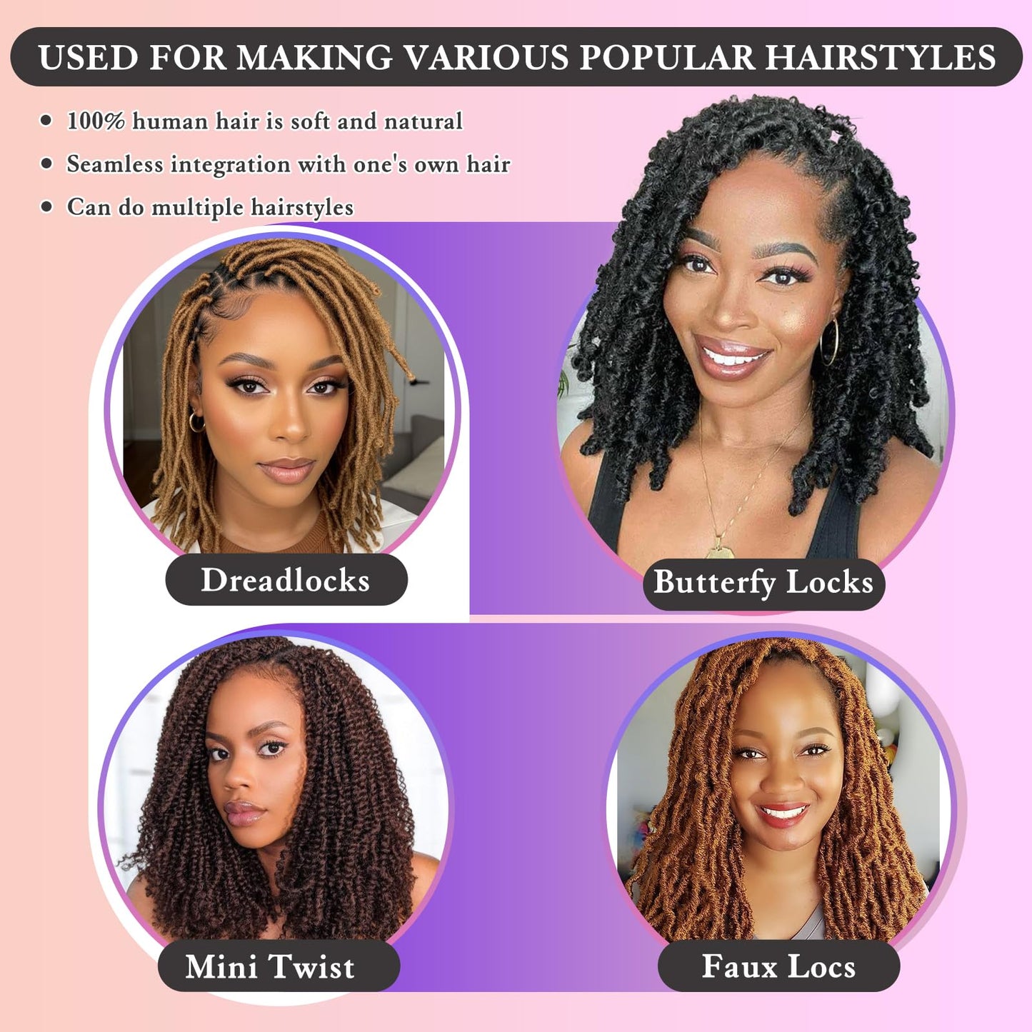 Afro Kinkys Bulk Human Hair for Dreadlocks Extensions Repair Locs, Twist Braiding Afro Kinky Human Hair for Locs Natural Black Color 18 inches 1 Pack 30 Gram（1B/18inch/30g）