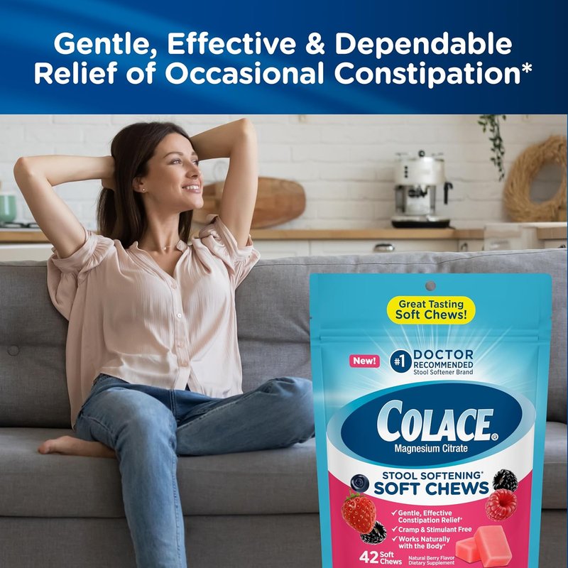 Colace Stool Softener Chews - Gentle Constipation Relief | 42 Count, Mixed Berry Flavor