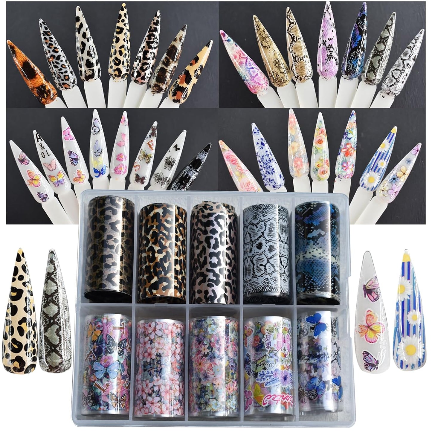 Nail Art Transfer Foils Set - 40 Rolls of Floral, Leopard, Snake Skin & Butterfly Patterns | Nail Foil Adhesive Decals