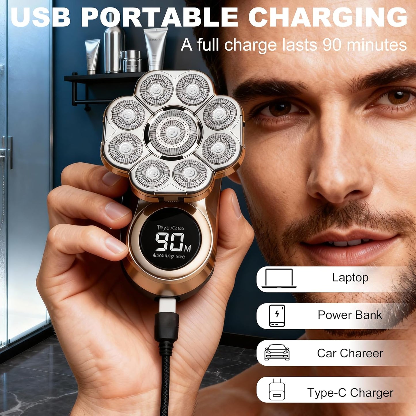 Head Shaver for Bald Men - 9D Floating Blades, IPX7 Waterproof, LED Display | Rechargeable Cordless Razor