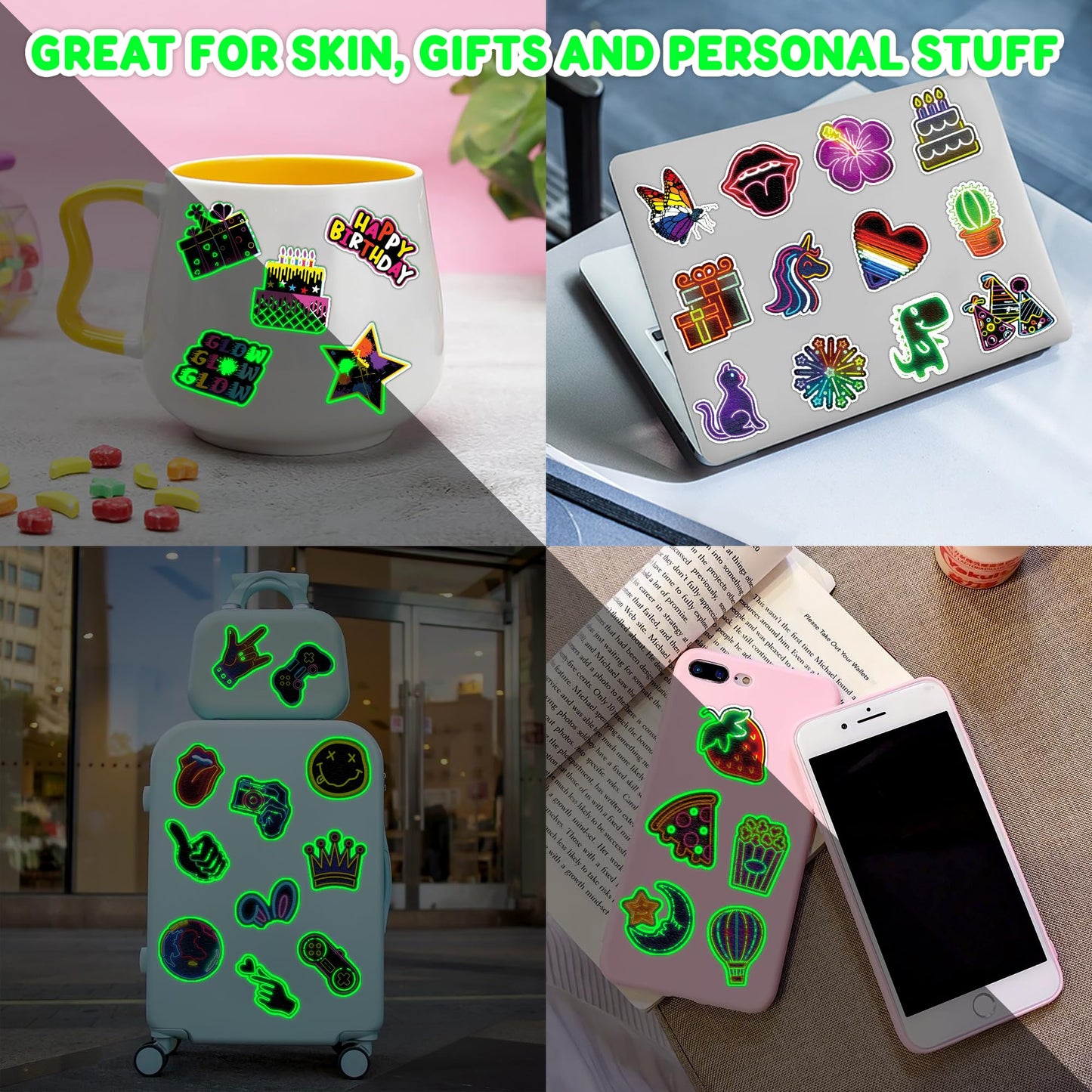 96 PCS Neon Luminous Glow in the Dark Temporary Tattoos - 8 Sheets