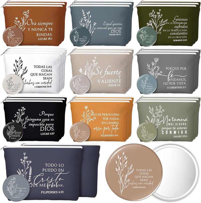 Spanish Christian Gifts for Women - 30 Sets Bible Verse Makeup Bags & Compact Mirrors | Boho Canvas Design