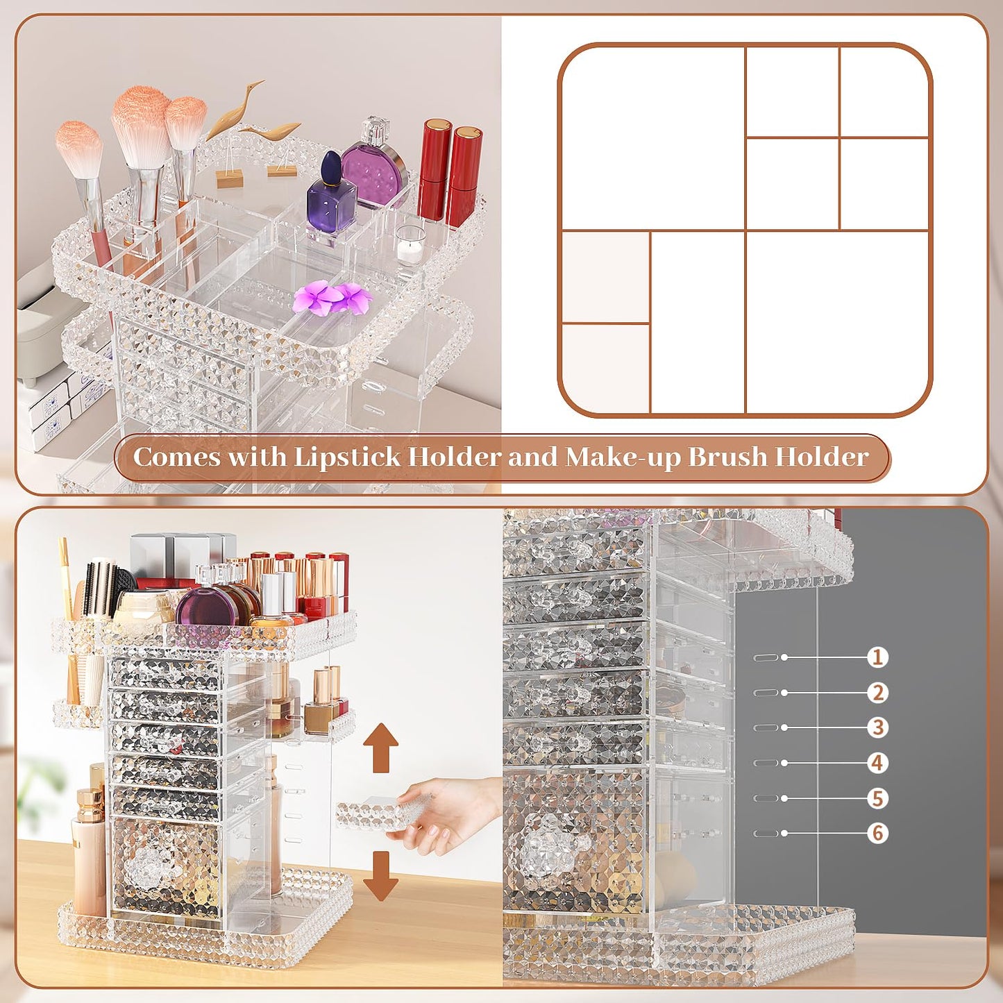 BOCONY 360 Rotating Makeup Organizer for Vanity, Large Skin Care Organizer with 6 Drawers Clear Acrylic Cosmetic Organizer Adjustable Spinning Makeup Storage Perfume Organizer for Dresser (Clear)