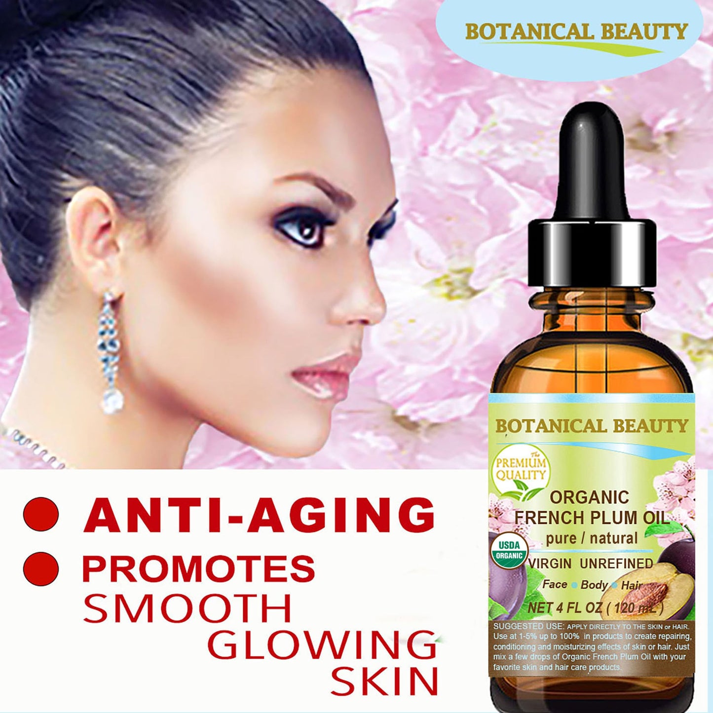 Botanical Beauty Organic French PLUM OIL 100% Pure Natural VIRGIN UNREFINED Cold-Pressed Carrier Oil for Face, Skin, Body, Hair, Lip, Nails. Rich in Vitamin E, Omega 6, Omega 9 (1 Fl Oz)
