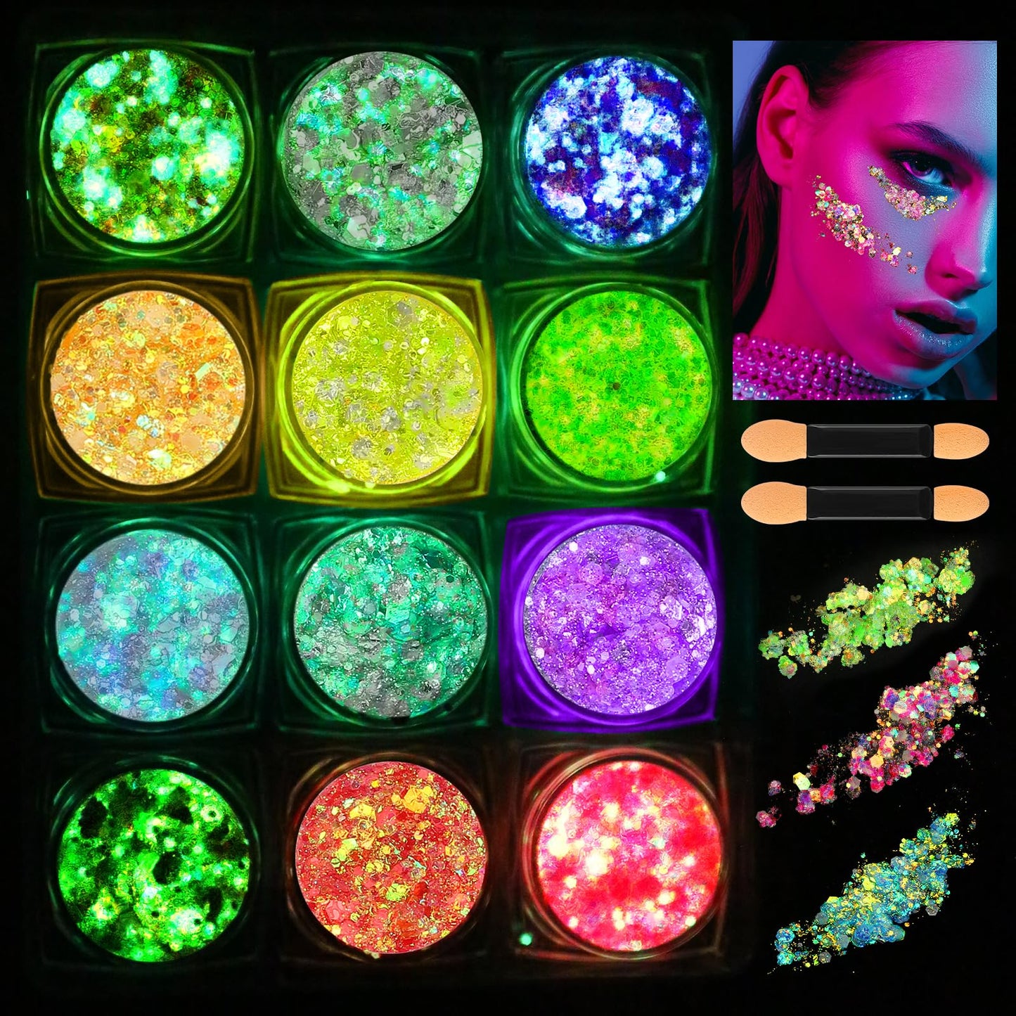 12 Colors Glow in The Dark Makeup UV Black Light Glitter Gel for Body Face Hair Eyeshadow for Raves Festivals Carnival Party