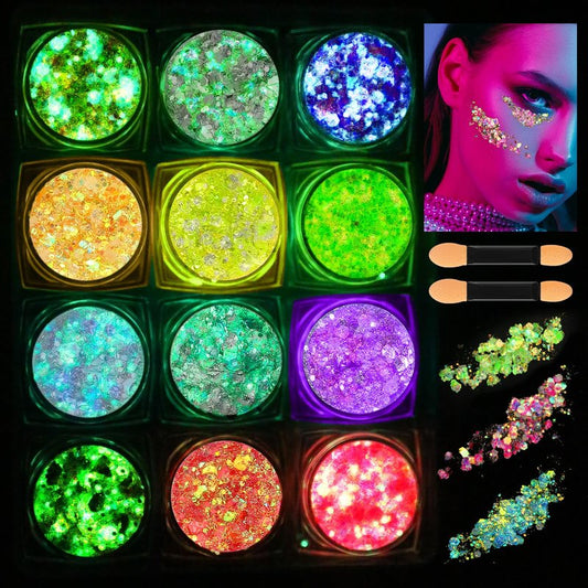 12 Colors Glow in The Dark Makeup UV Black Light Glitter Gel for Body Face Hair Eyeshadow for Raves Festivals Carnival Party