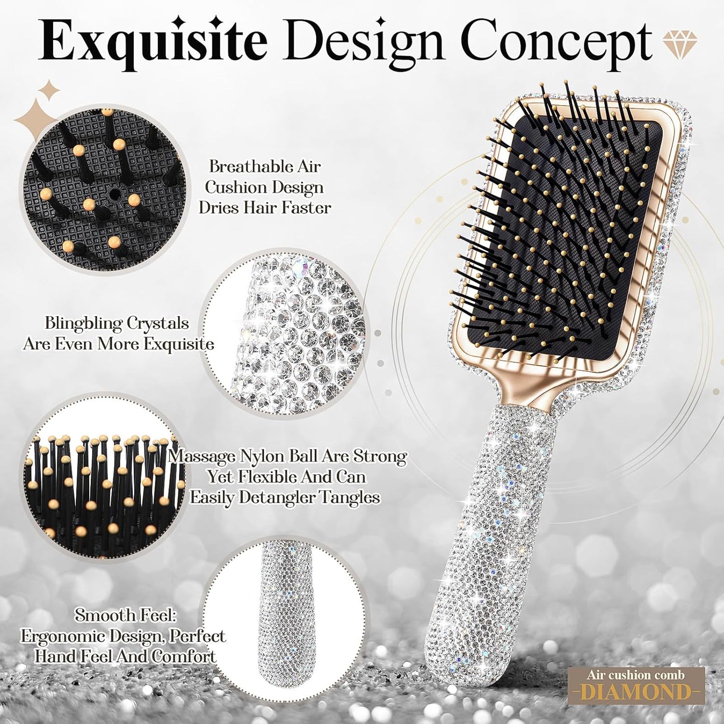 Rhinestone Hair Brush for Women - Bling Detangling Paddle Comb | Curly & Wet/Dry Hair Types
