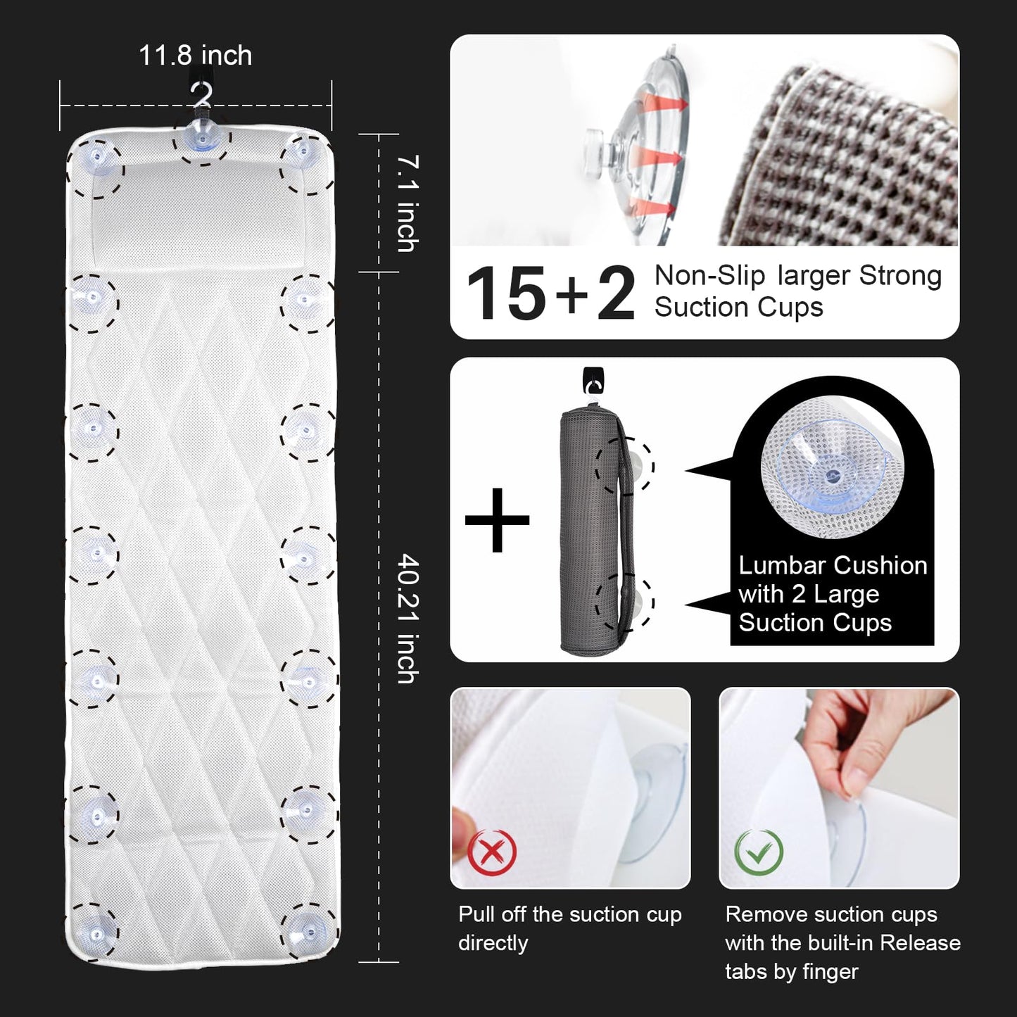 Full Body Bath Pillow Bathtub Pillows-Removable Lumbar Cushion with 17 Non-Slip Suction Cups 4D Air Mesh Fit Any Tub Luxury Bathroom Accessories-Grey