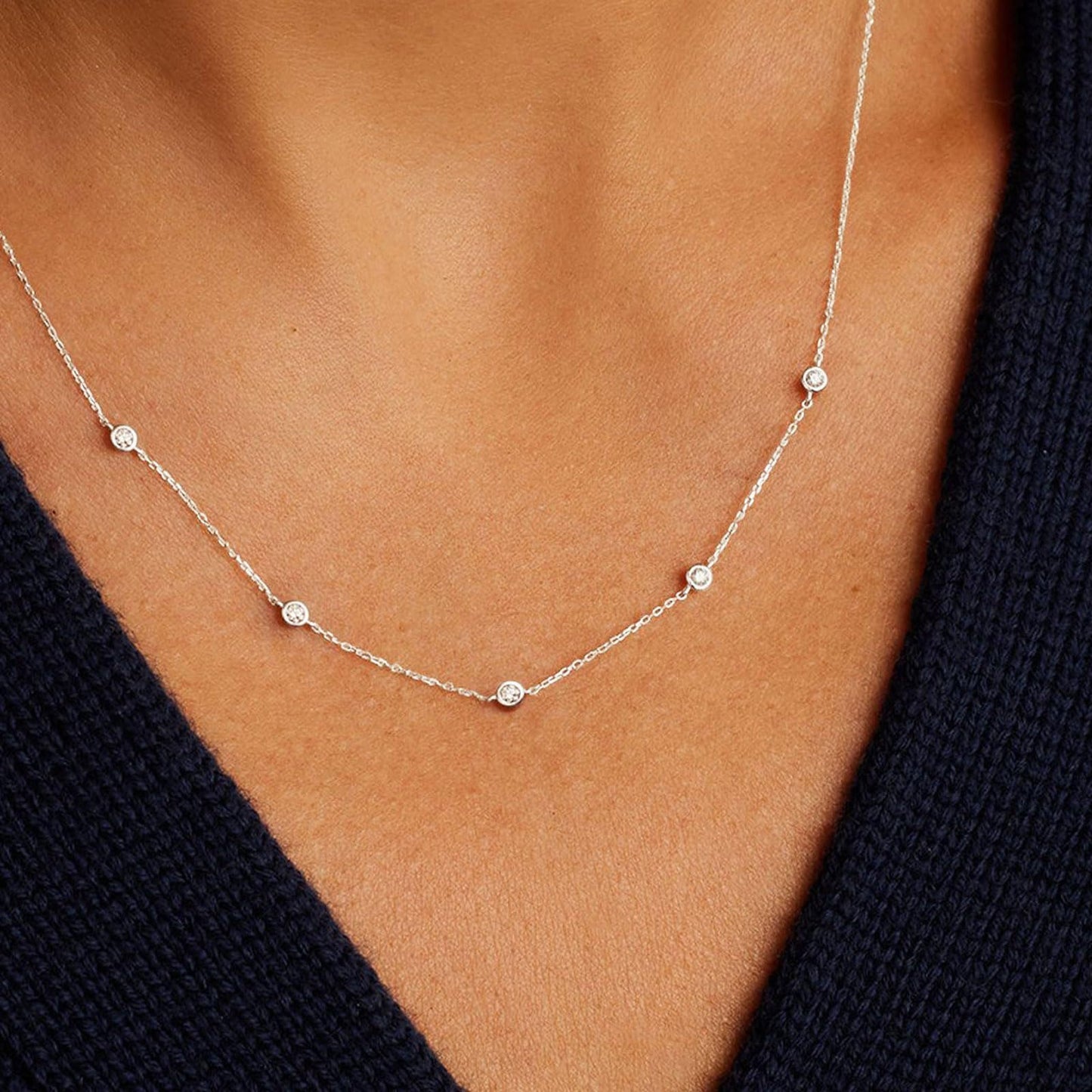 LecAit Silver Station Necklace for Women | CZ Diamond Choker Necklaces Gold | Simulated Diamond BTY Necklace | Silver Cubic Zirconia Chain Choker Necklaces for Women