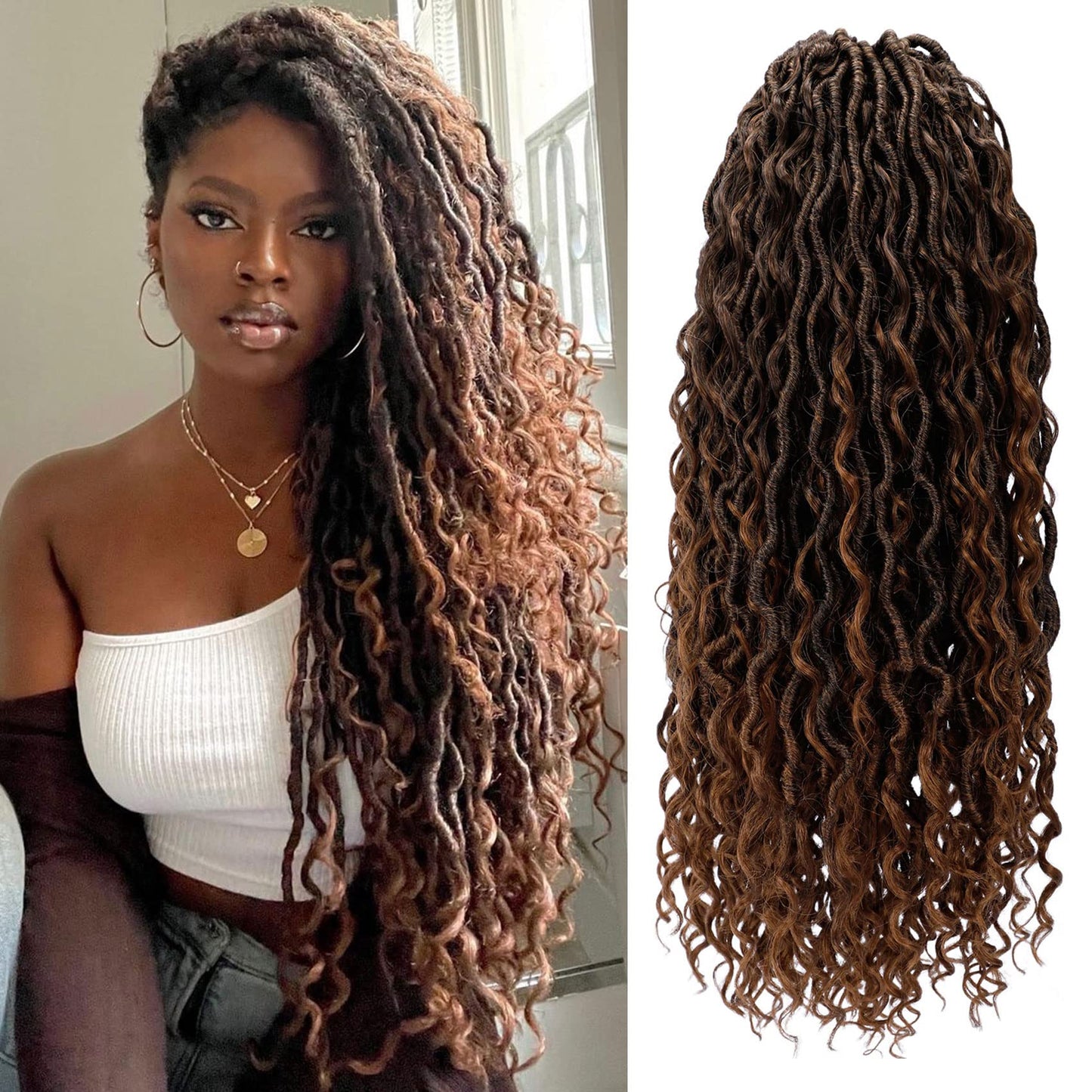 LIYATE Goddess Locs Crochet Hair 18 Inch 6 Packs Faux Locs Crochet Hair for Black Women Pre Looped Soft River Loc Crochet Braids with Curly Hair Boho Hippie Loc Synthetic Hair Extensions(T1B/30)