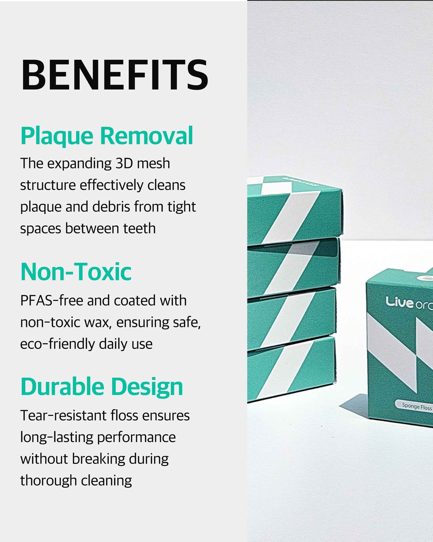 LiveOrals Live Sponge Dental Floss – 164ft (50m) Pack of 6, PFAS-Free, Non-Toxic Wax, Expanding 3D Mesh for Gentle & Effective Cleaning Between Teeth