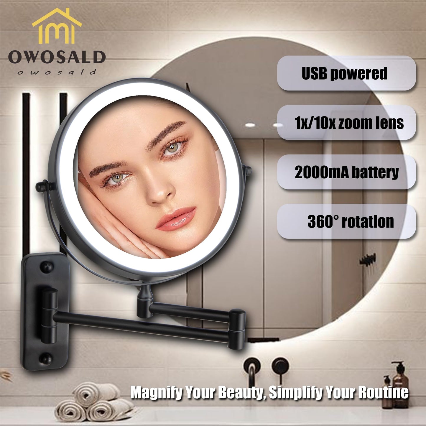 Wall Mounted Makeup Mirror, 1X/10X Magnifying, 360° Rotation, 3 Color LED Lighting, Touch Screen Dimming, Extended Arm, Black Bathroom Mirror