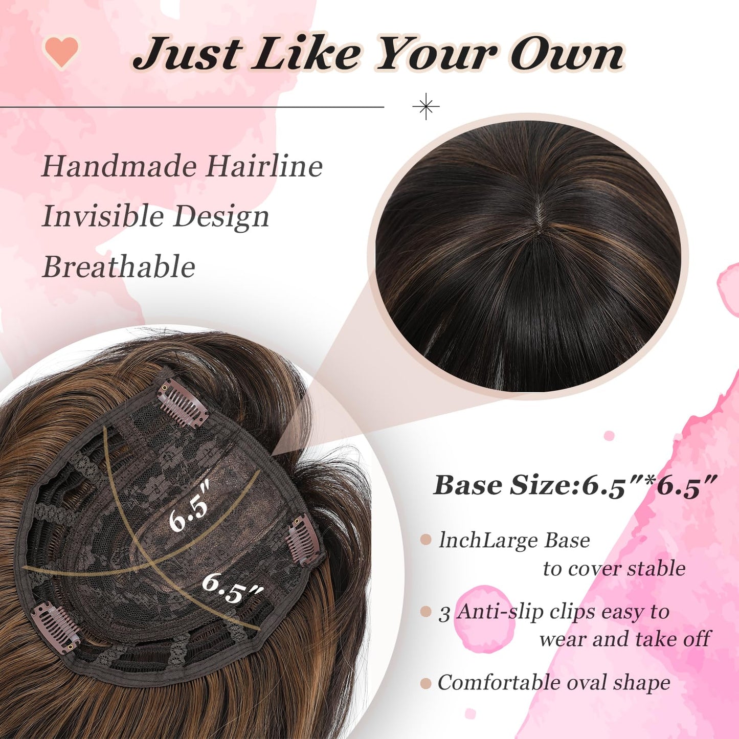 Hair Topper, 360° 3D Hair Toppers for Women with Thinning Crown, 20 Inch Long Wavy Curly Hair Pieces Clip in Bangs (Dark Brown Mixed Chestnut, 20 inch, French Bangs)