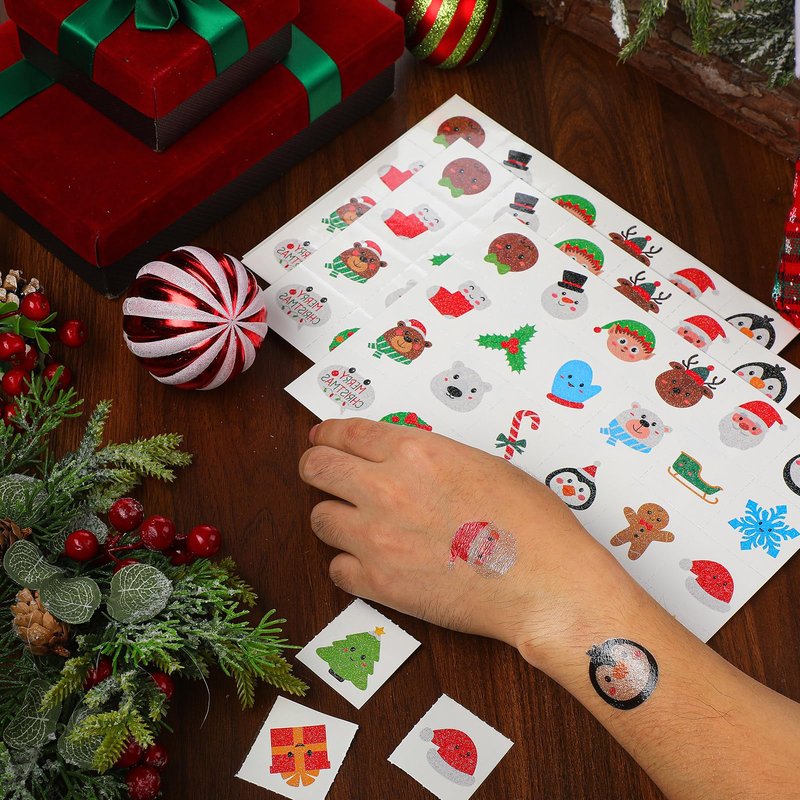 Nosiny 240 Pcs Glitter Christmas Temporary Tattoos Winter Tattoos Bulk Merry Christmas Tattoo Stickers Xmas Tree Snowman Penguin Stocking Stuffers for Eve Gifts Party Favors
