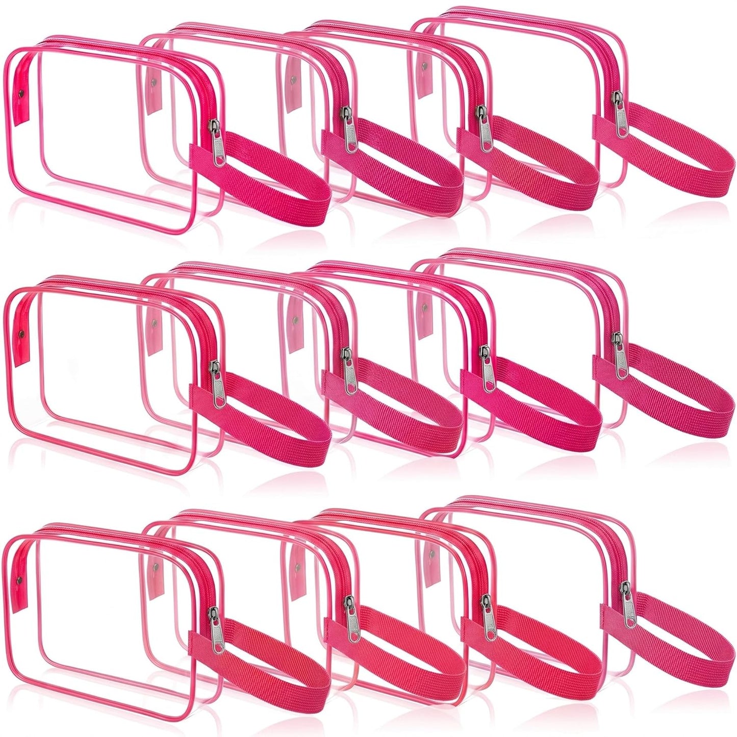 Clear Toiletry Bag - PVC Travel Cosmetic Pouch with Handle Strap | Rose Pink, 24 Pack for Summer Vacation & Gifts