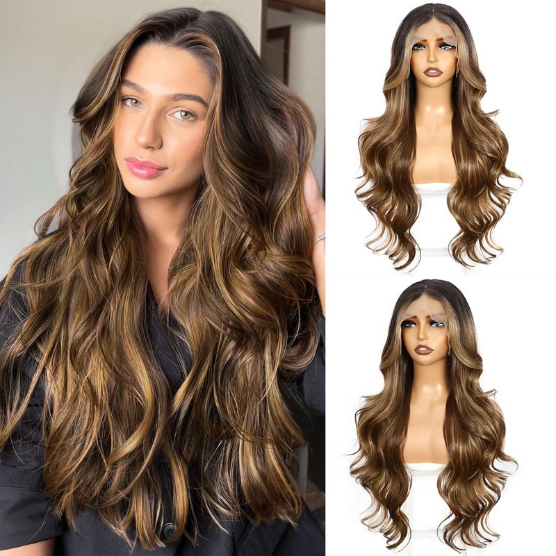 Brown Lace Front Wig - 13x4 Body Wave Synthetic Hair, Honey Brown Highlights | 26 Inch, Pre-Plucked, Heat Resistant