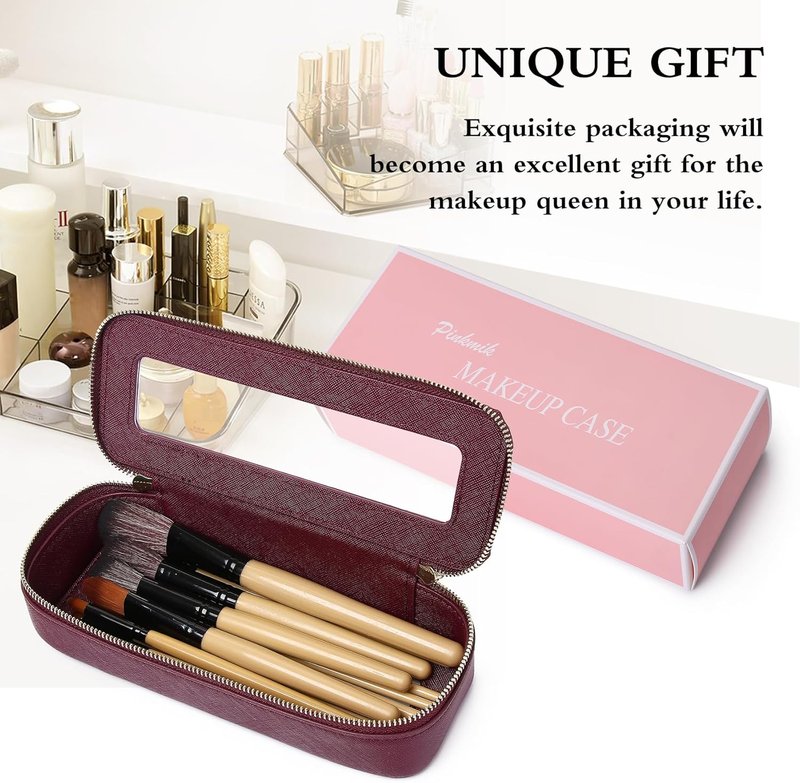 Clear Makeup Brush Bag - Slim Transparent Travel Cosmetic Case | Zippered Toiletry Organizer for Women (Burgundy)