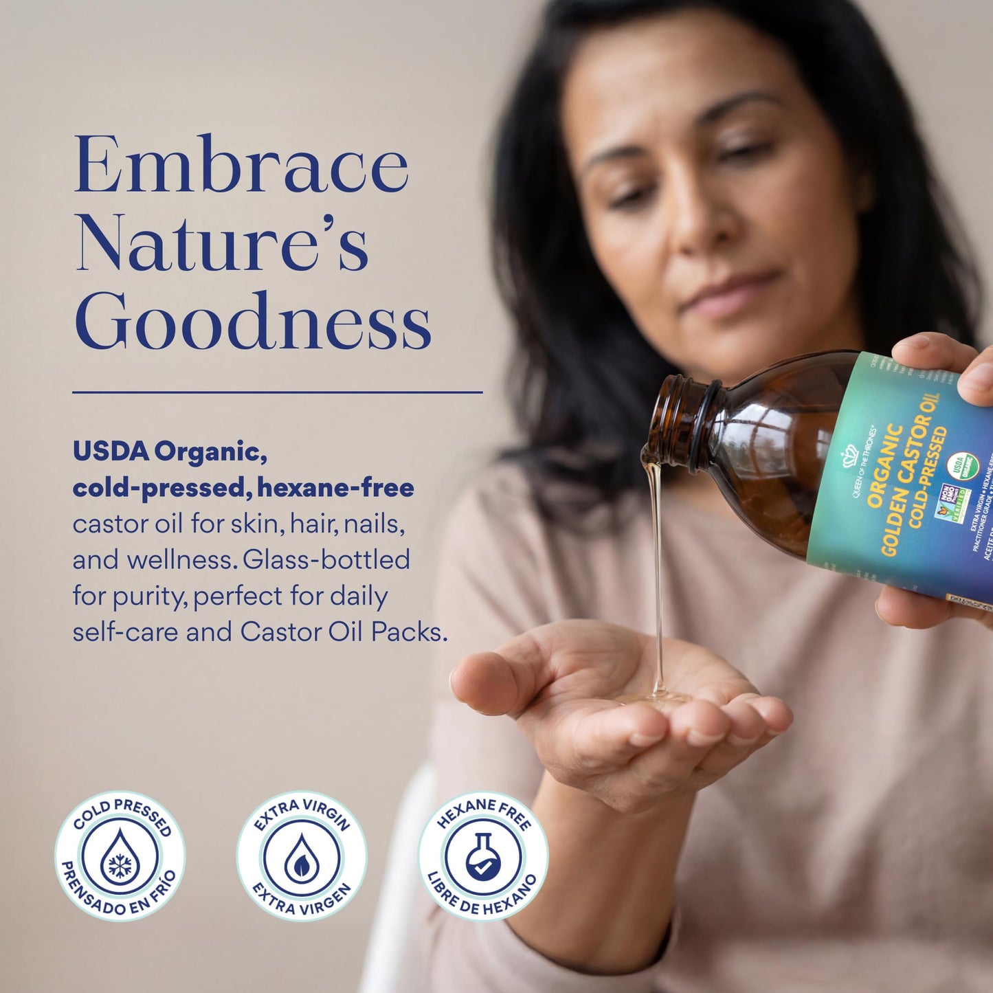 QUEEN OF THE THRONES Organic Golden Castor Oil | 100% Pure for Hair, Skin, Nails, Brows & Lashes | Hexane-Free | USDA Certified [8.4oz (250ml)]