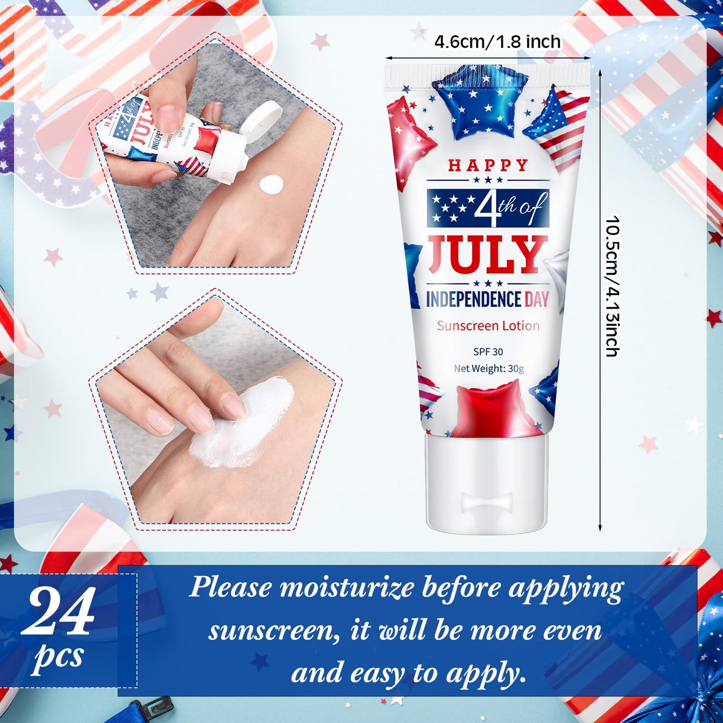 Dansib 24 Pcs Travel Size Mini Sunscreen Bulk for Summer Vacation Spf 30 Water Resistant Sunscreen Lotion Sunblock for Thank You Gifts Hawaiian Wedding Pool Party Favor (Independence Day)