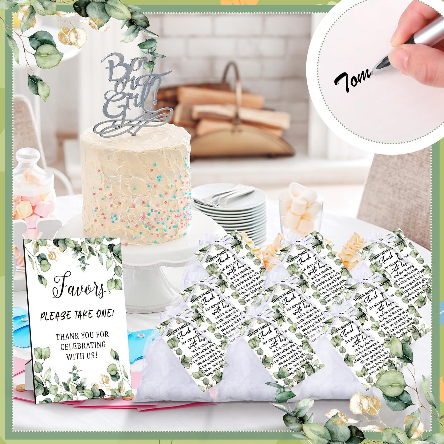 Anglechic 50 Sets Baby Shower Favors for Guests Include 50 Pcs Bath Sponge Loofahs 50 Pcs Thank You Cards 50 Pcs White Organza Bags 1 Wooden Sign for Baptism Baby Shower Gender Reveal Birthday