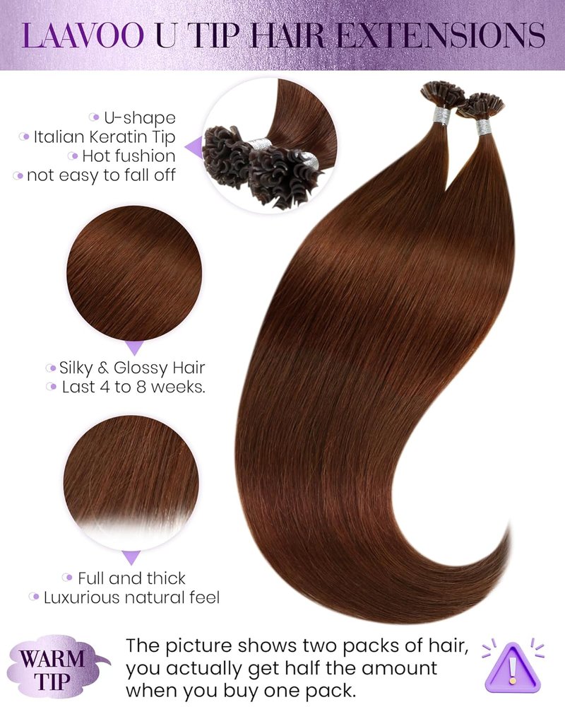 LaaVoo Ktip Human Hair Extensions - Auburn Silky Straight U Tip | 20 Inch, 50g/50s