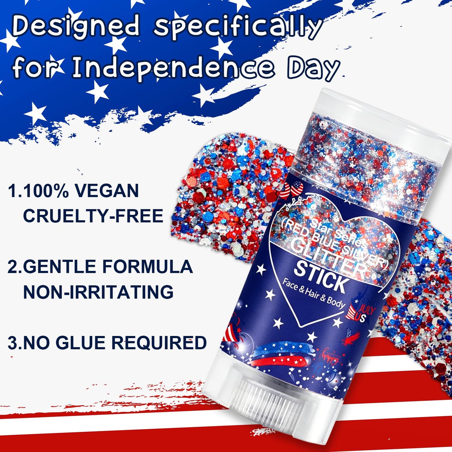 Patriotic Body Glitter Stick, Waterproof Face Glitter Gel, Chunky Glitter Face Paint, 4th of July Red White Blue Sequin Hair Glitter Makeup for American Pride USA Flag Makeup for Independence Day