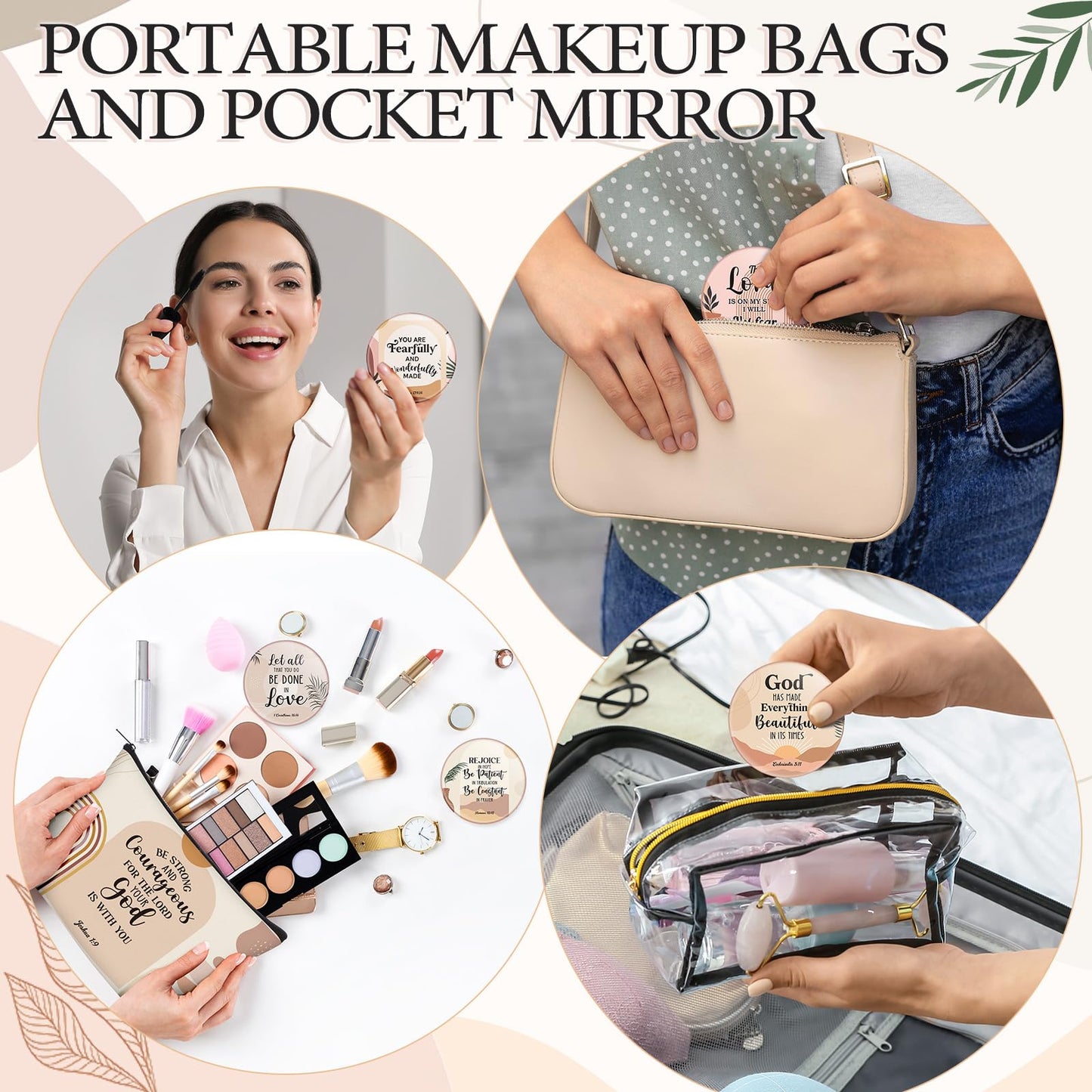 Geelin 24 Pcs Christian Gifts Bulk for Women 12 Religious Canvas Makeup Bags 12 Boho Bible Verse Compact Mirrors Inspirational Church Party Gifts for Women Mother Sister