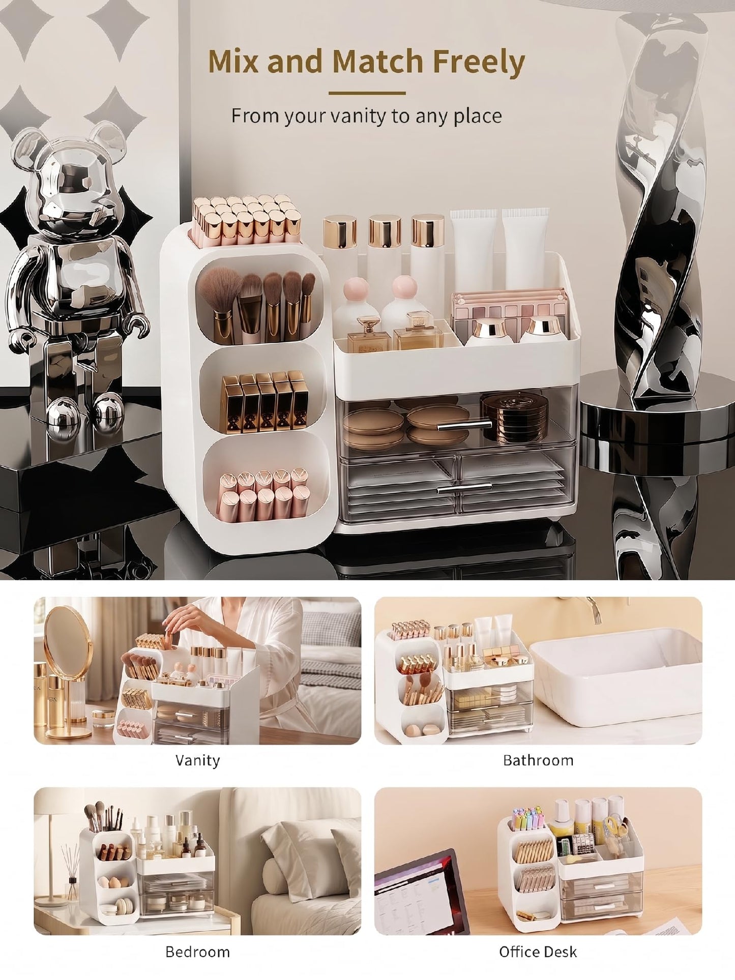 Booklov Makeup Organizer for Vanity, Large Capacity Cosmetic Display Case with Clear Acrylic Drawer, Countertop Beauty Storage Holder for Skincare, Brush Eyeshadow Lipstick Counter Desk, Crystal White