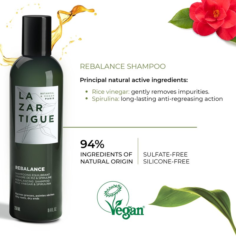 Lazartigue Rebalance Shampoo, Rice Vinegar & Spirulina, Purifies Oily Roots & Balances Moisture, Vegan, Sulfate & Silicone Free, 8.4 Fl Oz