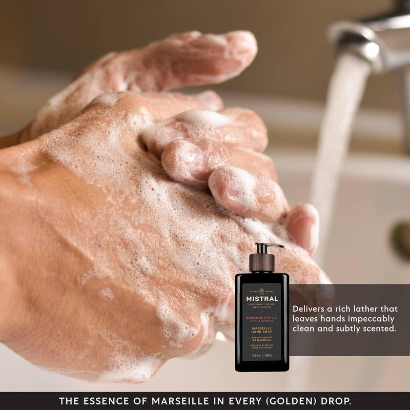 Mistral Bourbon Vanilla Hand Soap for Men - Luxury Moisturizing Formula with Organic Oils | 16.9 Fl Oz