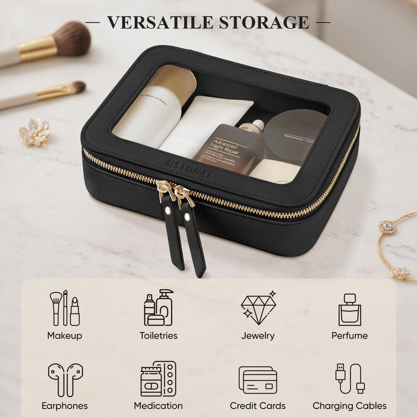 MSTONAL Clear Makeup Bag, Travel Toiletry Bag Cosmetic Case for Women, Waterproof Portable Make Up Skincare Pouch with Zipper, Compact Car Organizer Bag for Essentials, Medium Size, Black